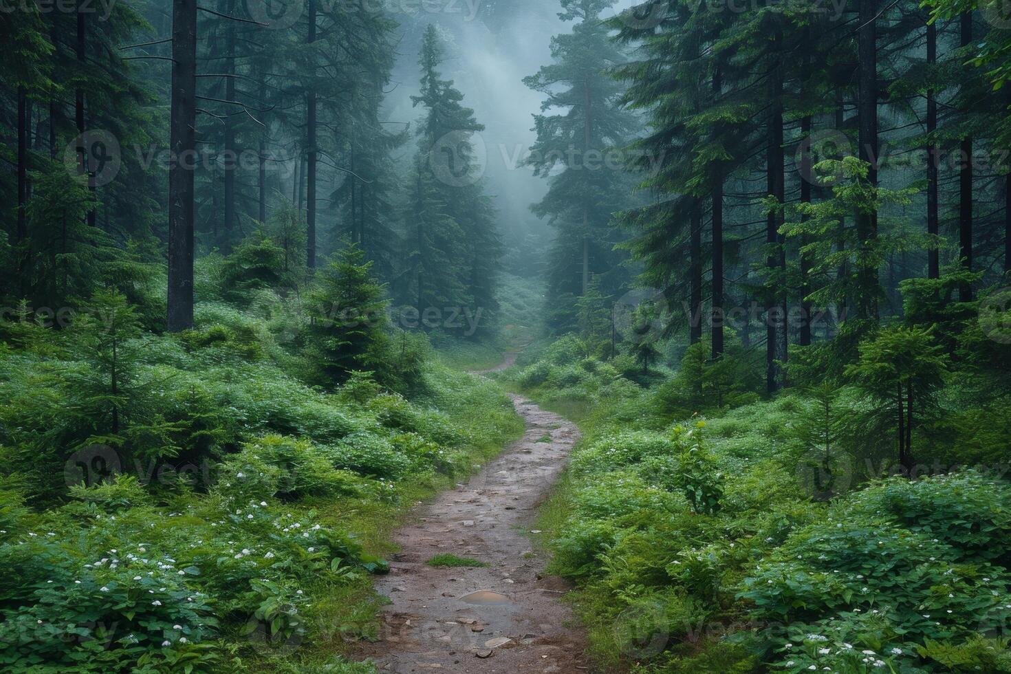 ai generado un callejón en el bosque , un árbol - forrado sendero mediante el parque en verano foto