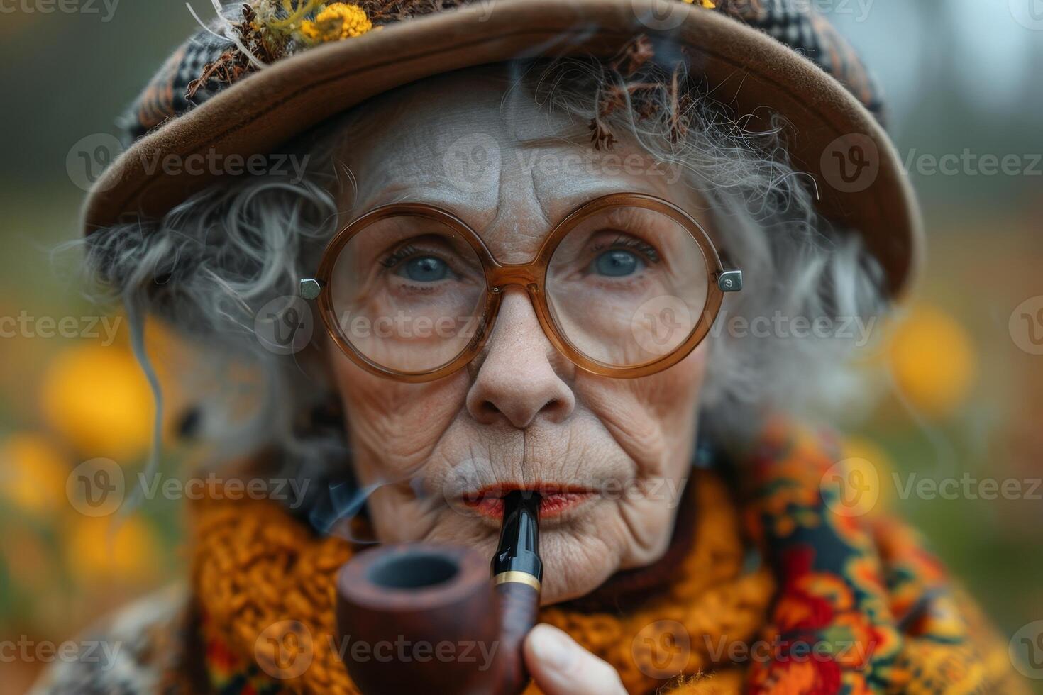 AI generated A fashionable elderly woman smokes a pipe on the street in autumn photo