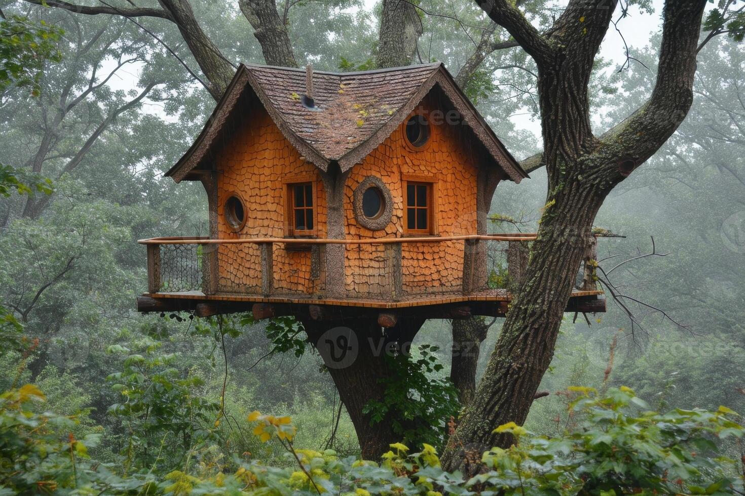 AI generated Cute little tree house for kids in the forest photo