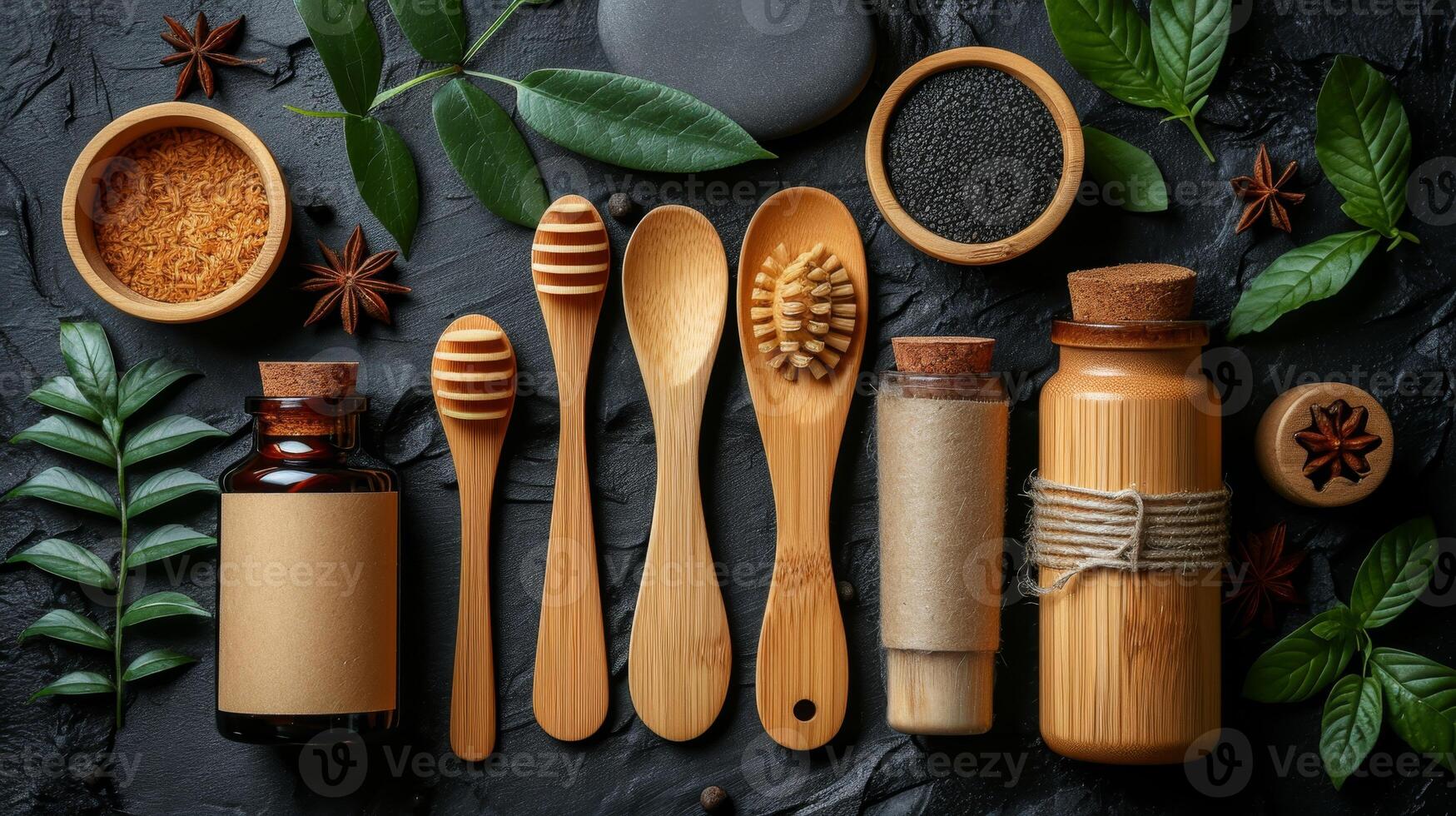 AI generated eco-friendly disposable tableware made of paper and wood with spices on a black background. the concept of recycling photo