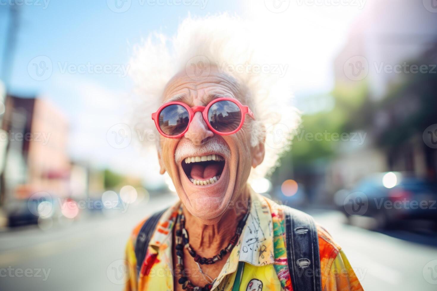 AI generated Portrait of a cheerful happy elderly man with glasses on a street background photo