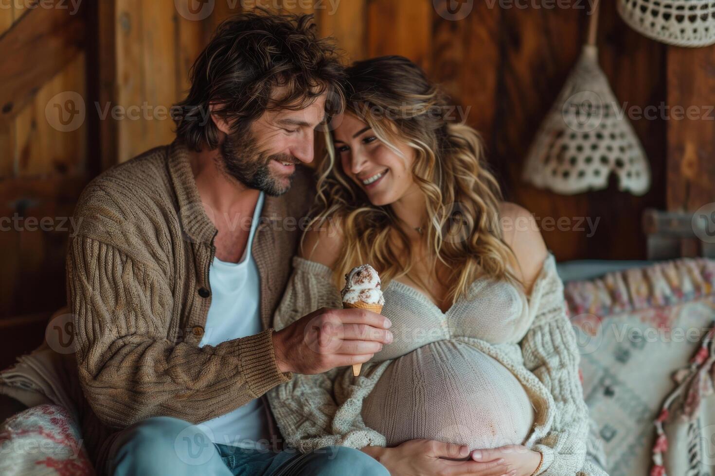 AI generated A pregnant girl is sitting with her husband on the couch at home with ice cream photo