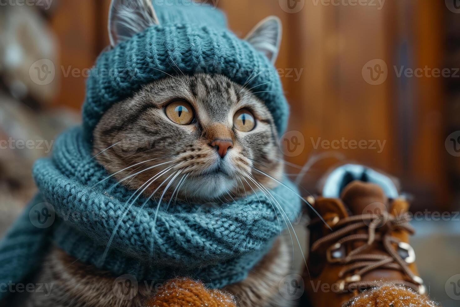 AI generated a cat in a winter hat and scarf on the street during the day in winter photo