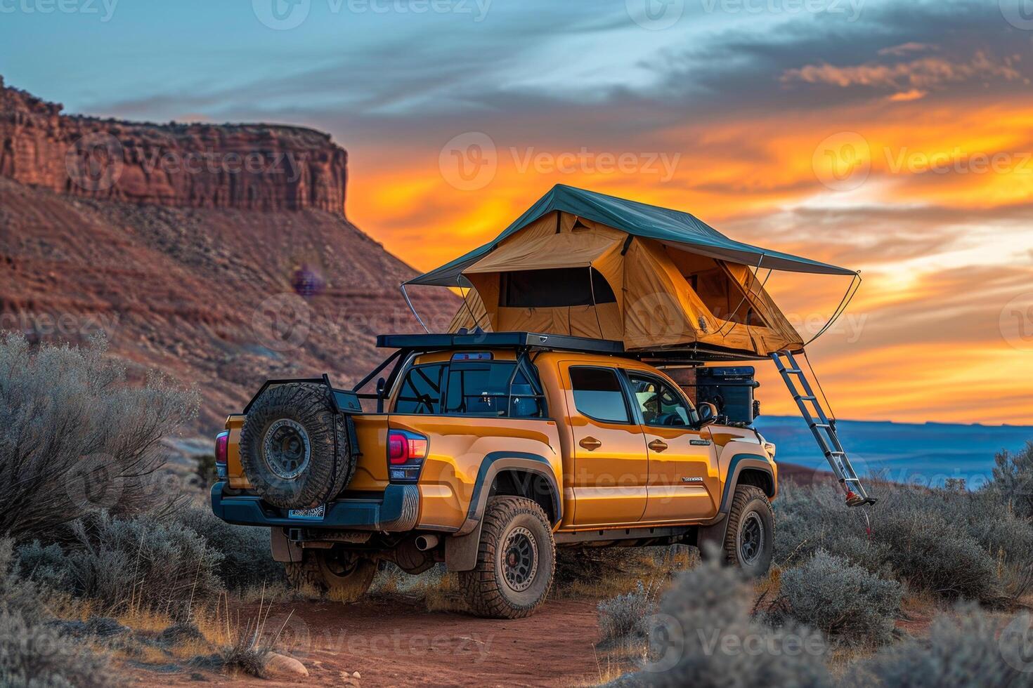 AI generated An SUV with a tent on the roof in the wild. Traveling by car photo