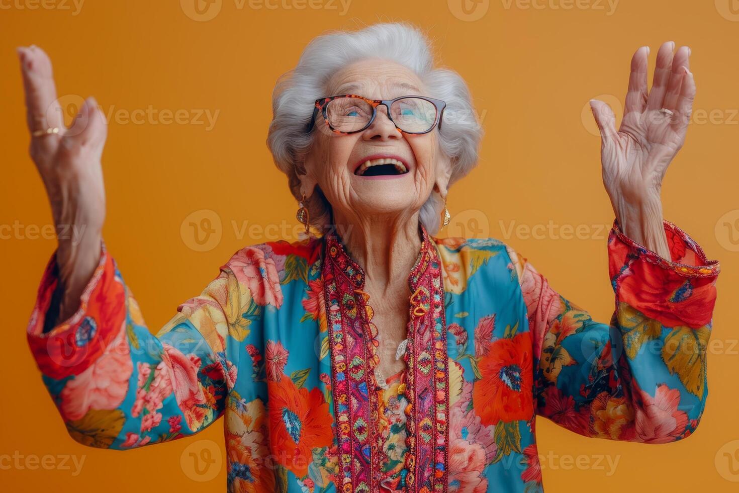 AI generated A happy and playful elderly woman in colored clothes on a yellow background photo