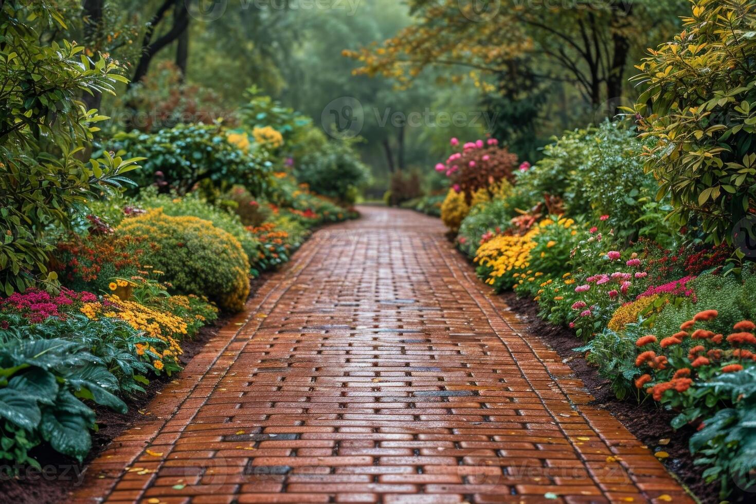 AI generated An alley in the park, a tree-lined footpath through the park in summer photo