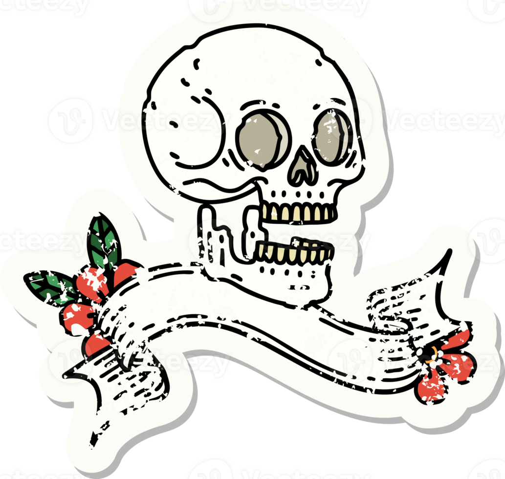 grunge sticker with banner of a skull png
