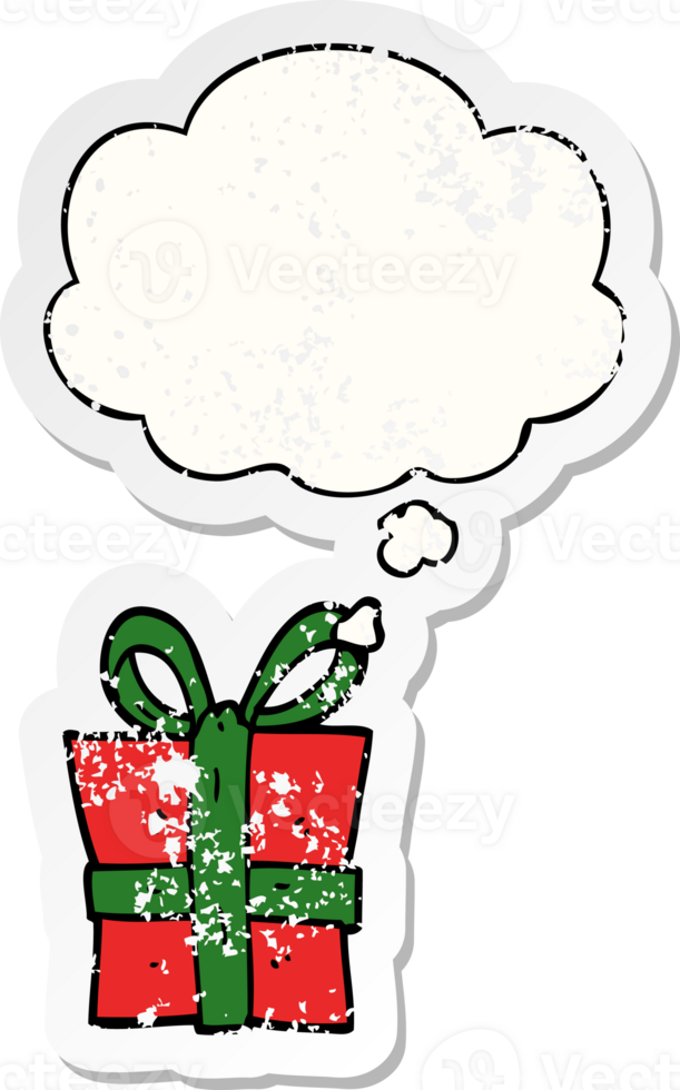 cartoon gift and thought bubble as a distressed worn sticker png