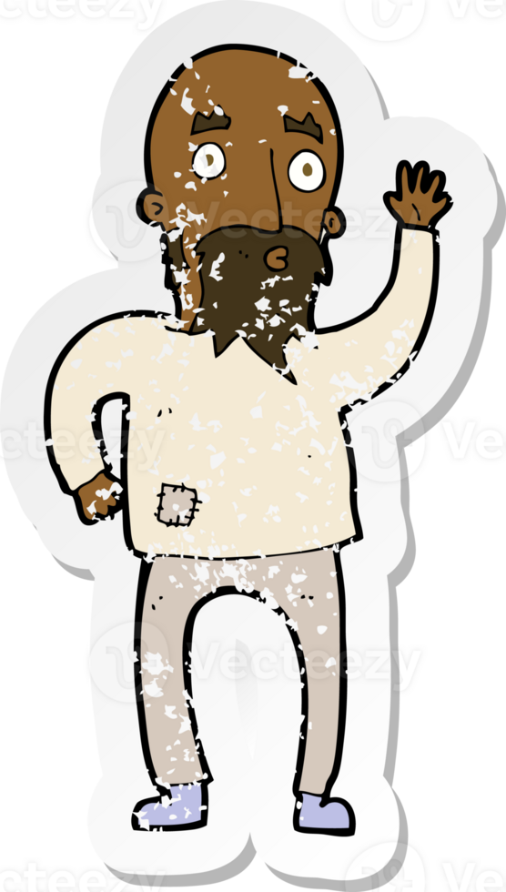 retro distressed sticker of a cartoon bearded man waving png