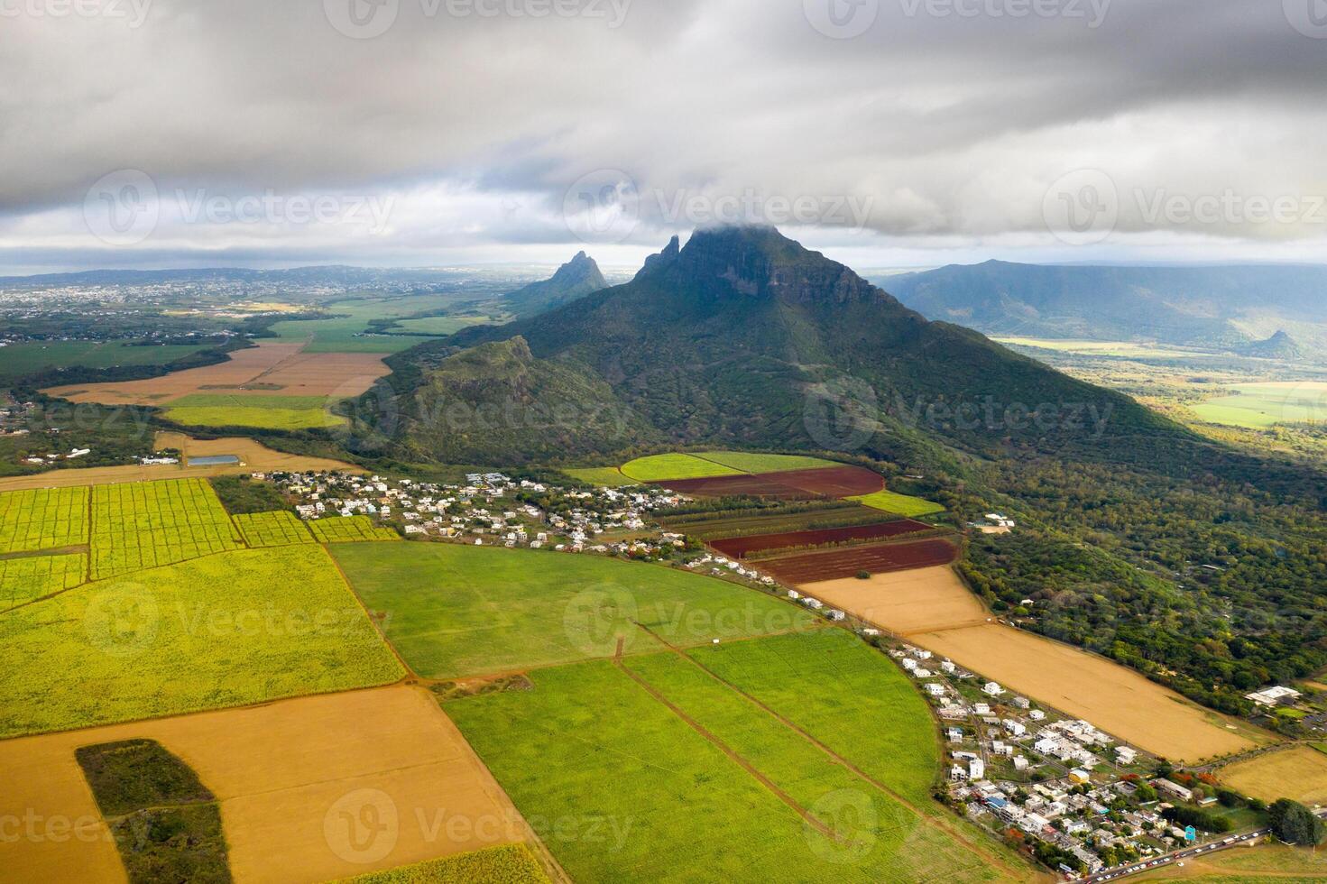 View from the height of the sown fields located on the island of Mauritius photo