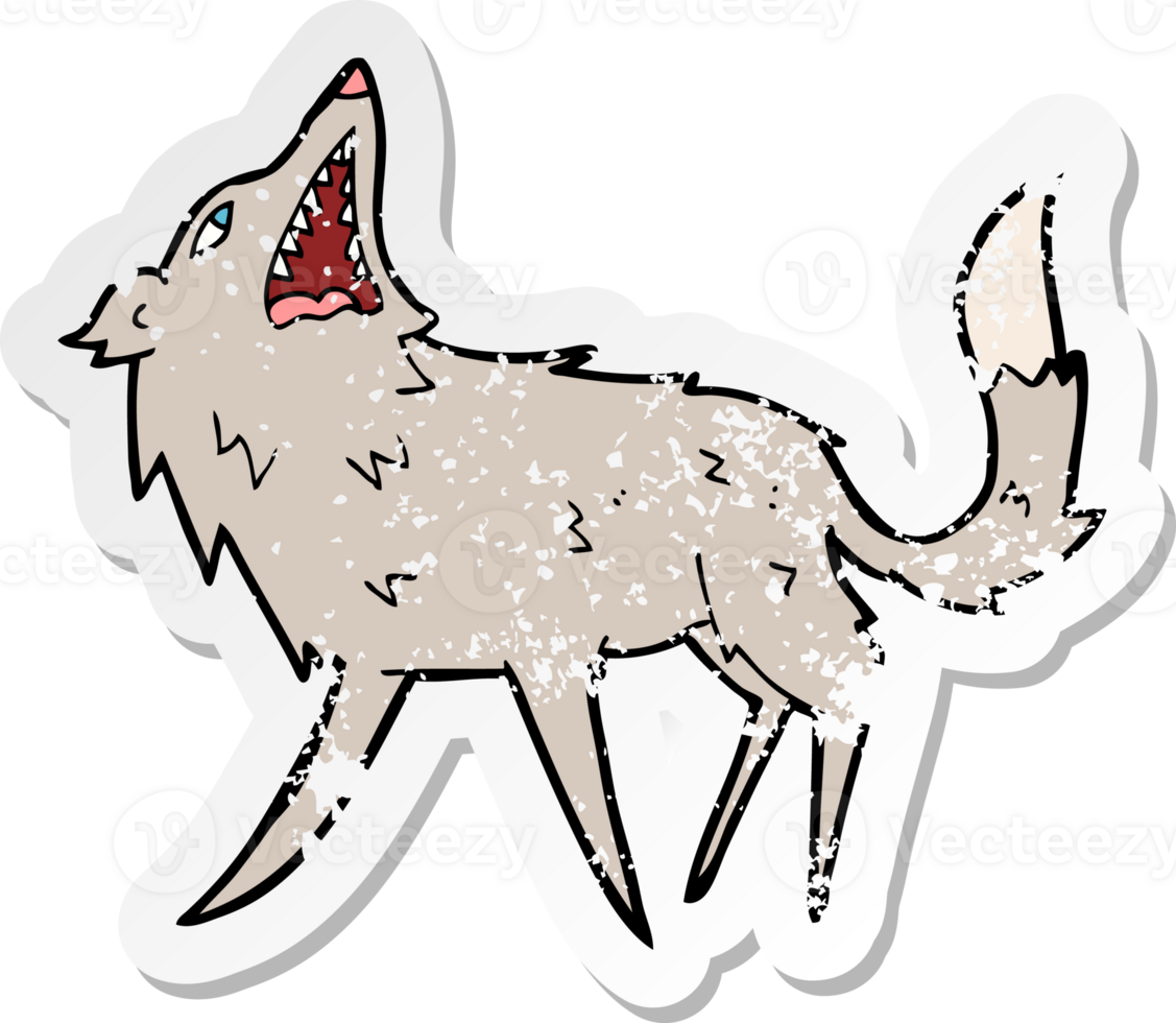 retro distressed sticker of a cartoon snapping wolf png