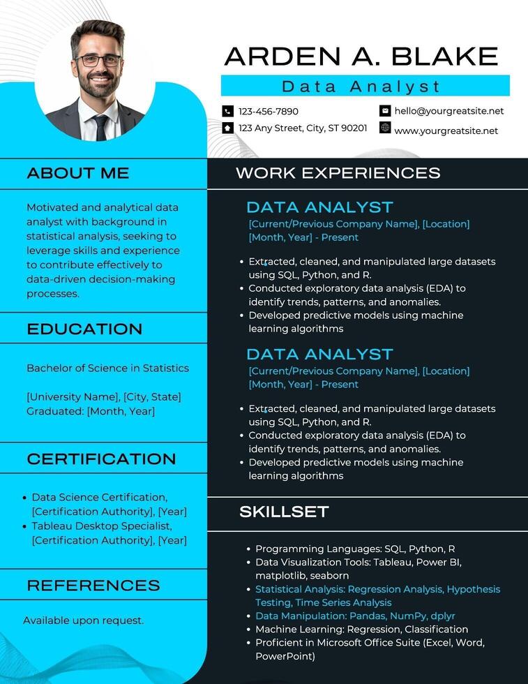 Data Analyst Creative Resume Blue Black Template