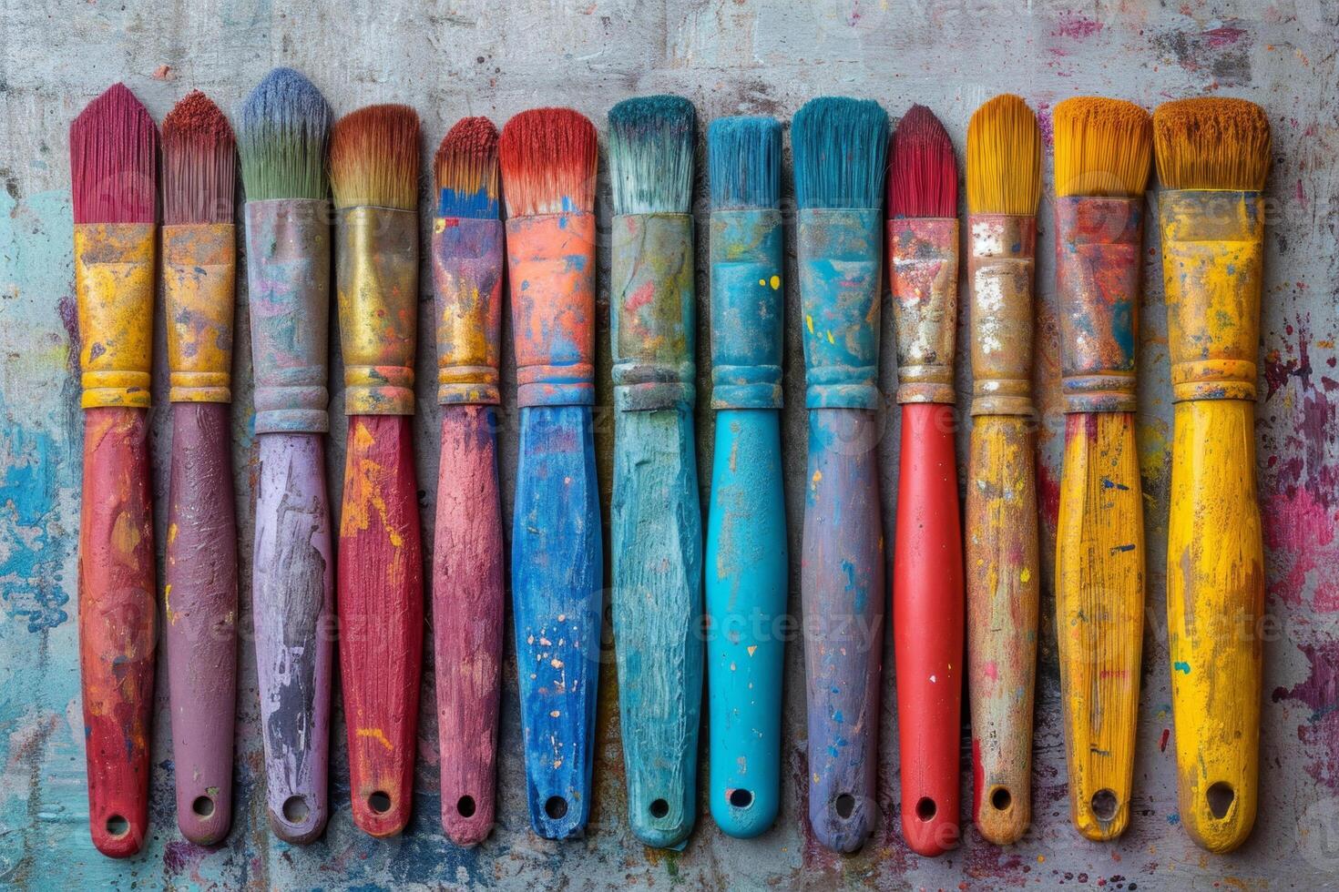 AI generated Artistic brushes smeared in paint on a background covered with multicolored oil paints photo
