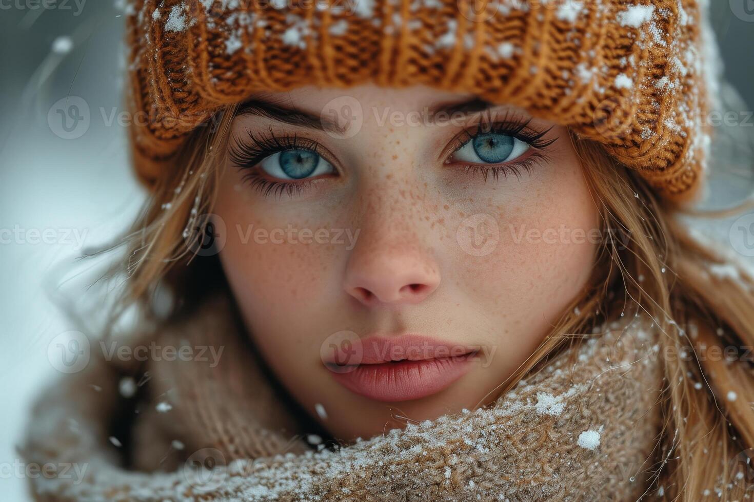 AI generated Winter portrait of a young beautiful woman in a hat photo