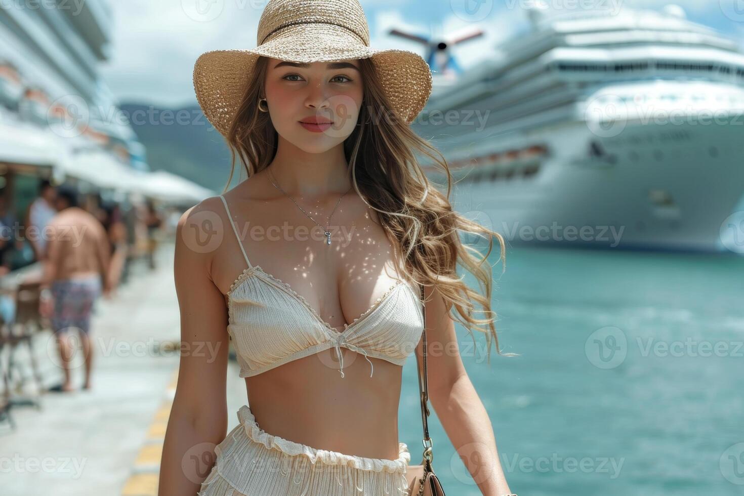 AI generated A girl in a hat standing in front of a large cruise ship. Sea voyage photo