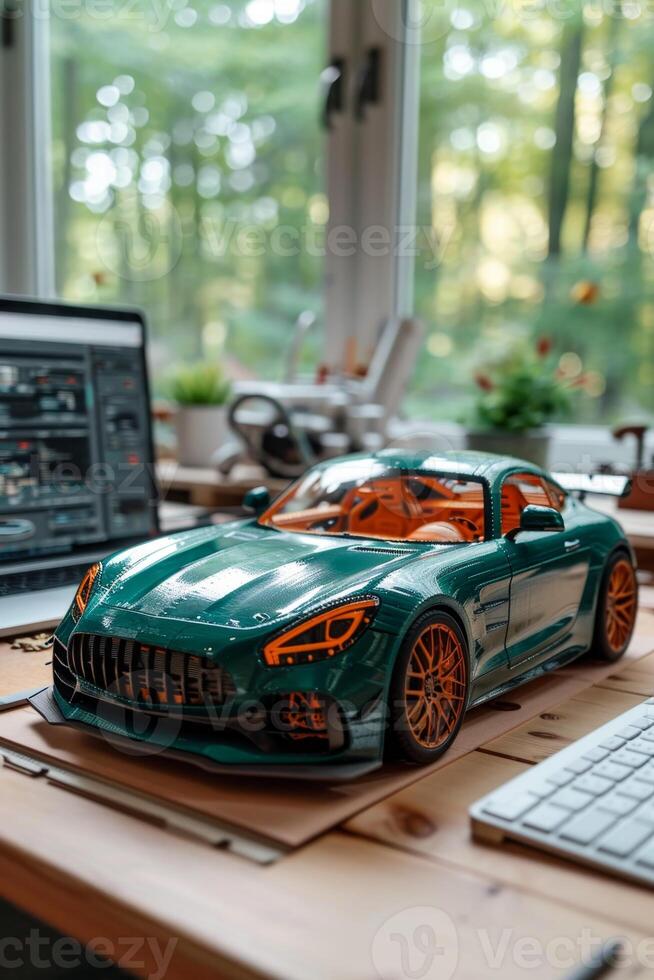 AI generated A mock-up of a modern sports car on the background of a car designer's laptop photo