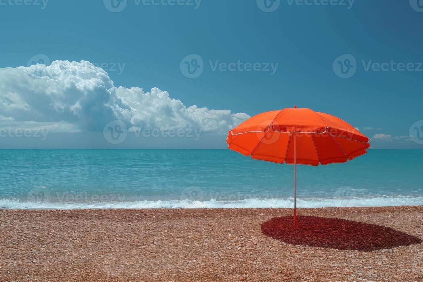 AI generated A red umbrella on a deserted beach against the background of the sea photo