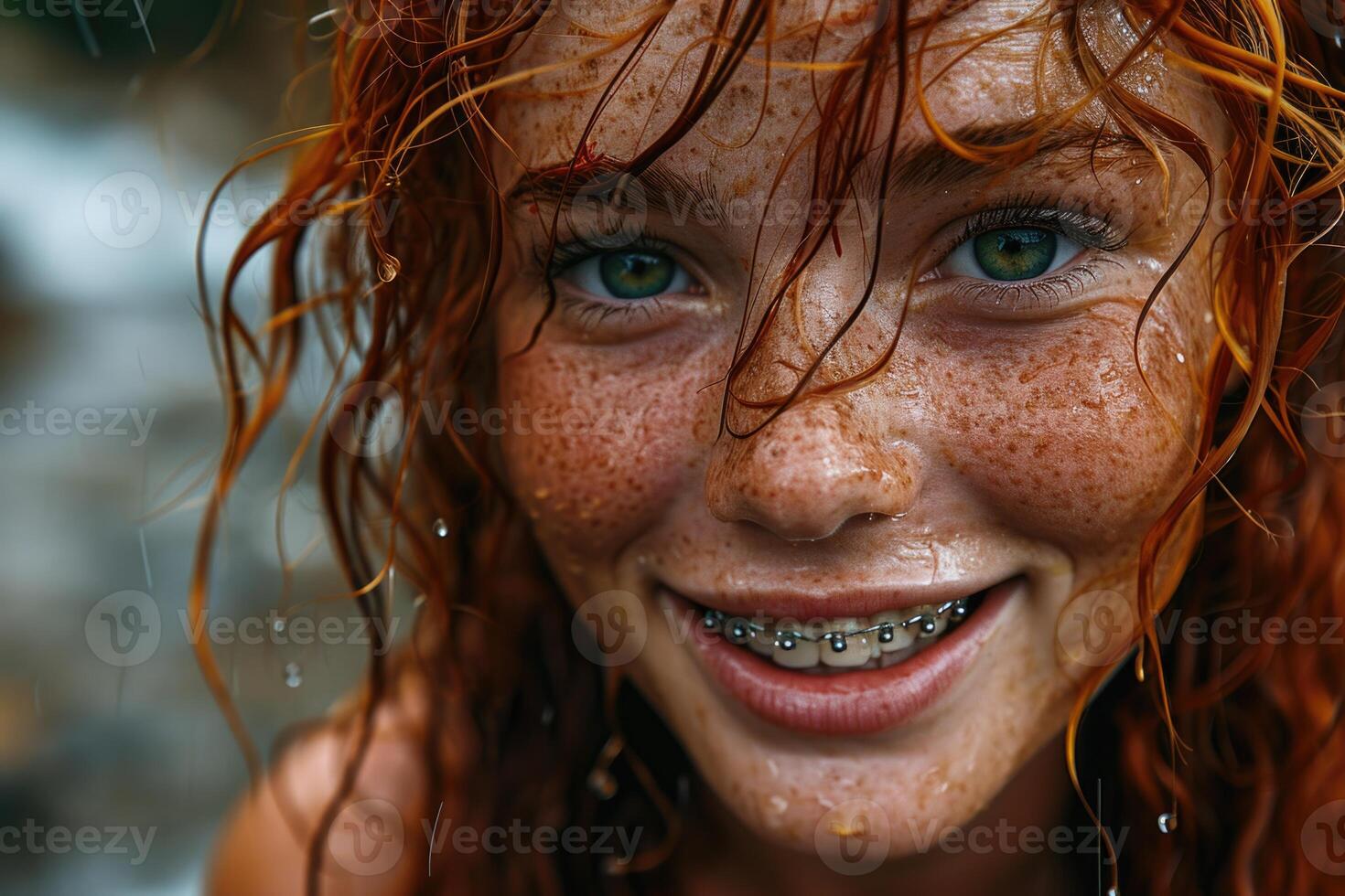 AI generated Portrait of a young red-haired woman with braces on her teeth on a street background. Long curly red hair photo