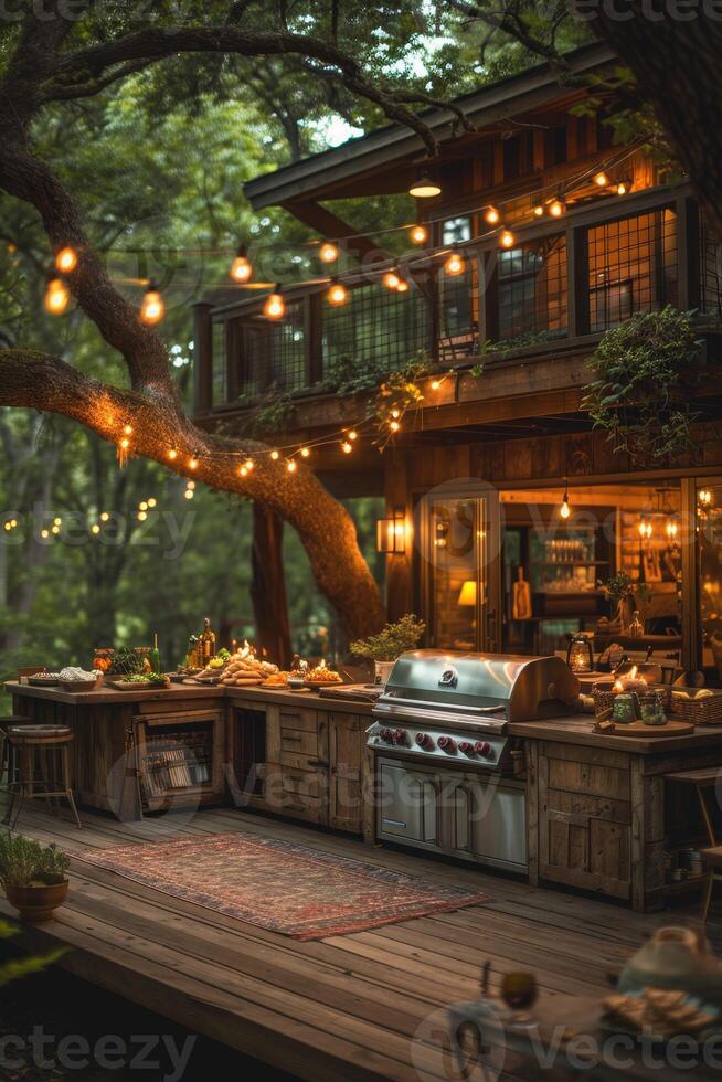 AI generated Luxury country house with evening lighting after sunset photo