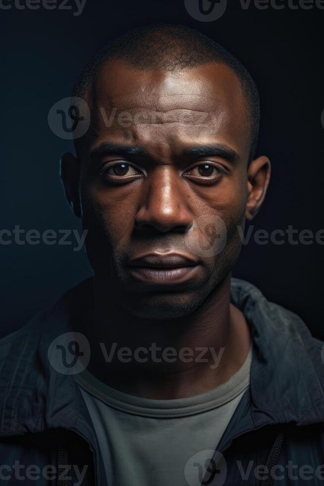 AI generated Portrait of a serious man of the African race on a black background photo