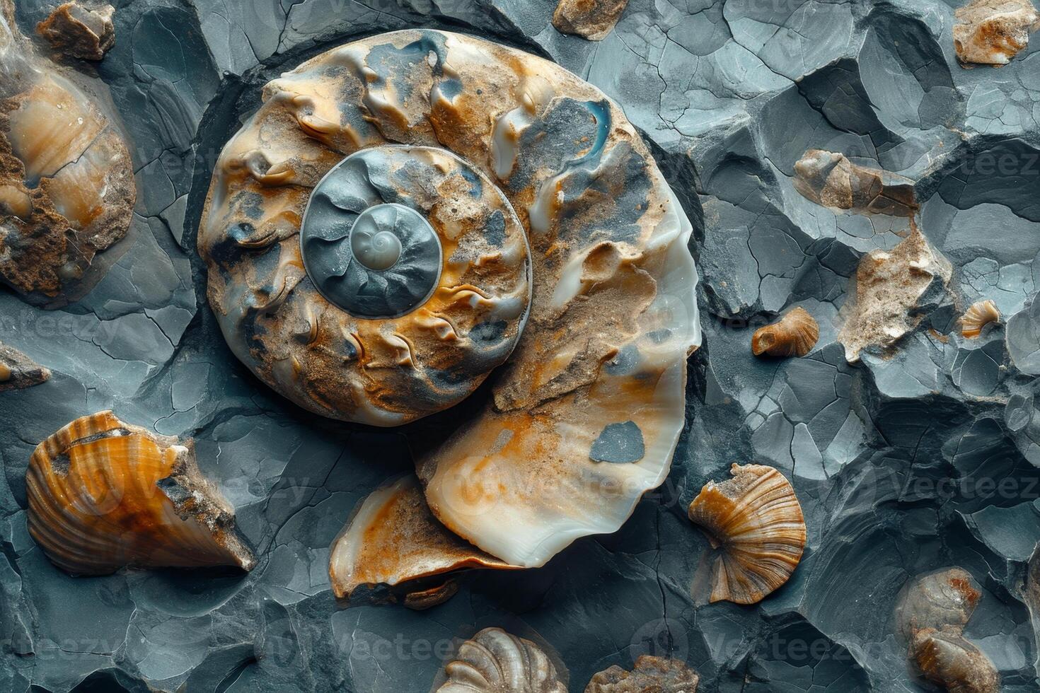 AI generated Textures of antique Shells in stone. Wallpaper background photo