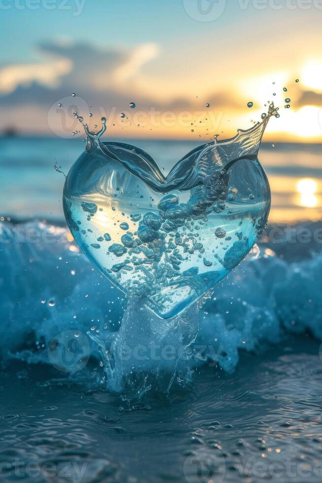 AI generated A heart made of splashes of water against the background of the sea. The concept of love photo