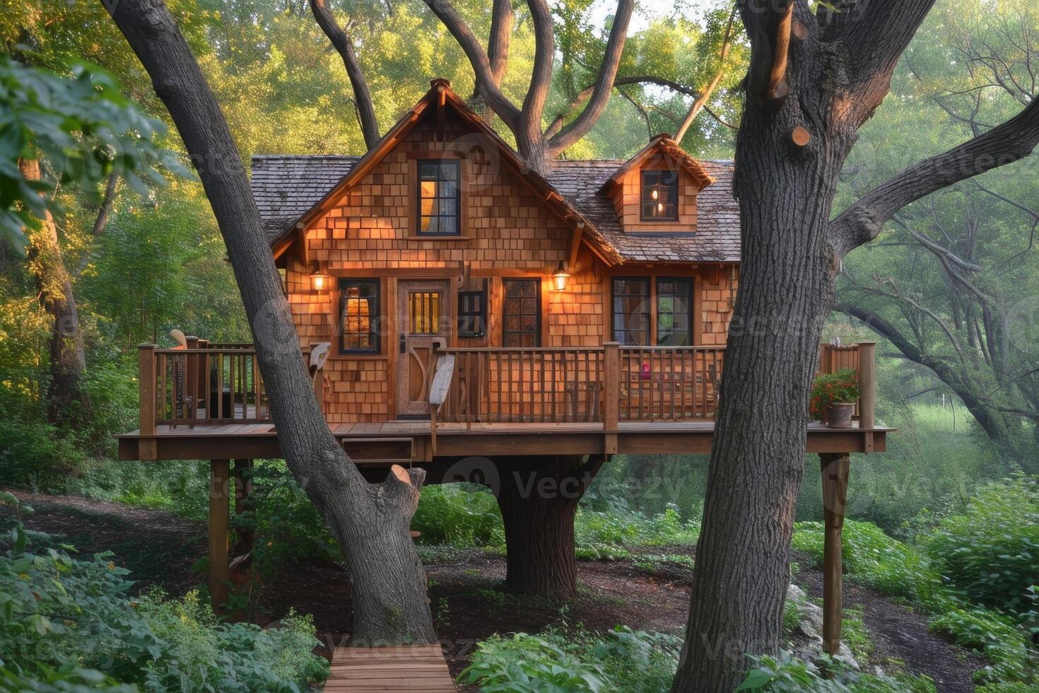 AI generated Cute little tree house for kids in the forest photo