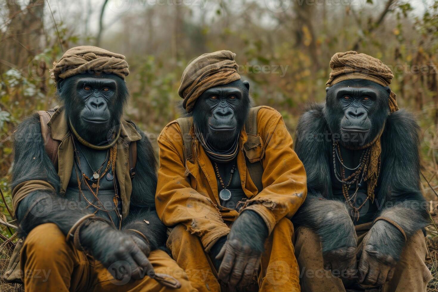 AI generated Gorillas in clothes are sitting on a couch outside photo