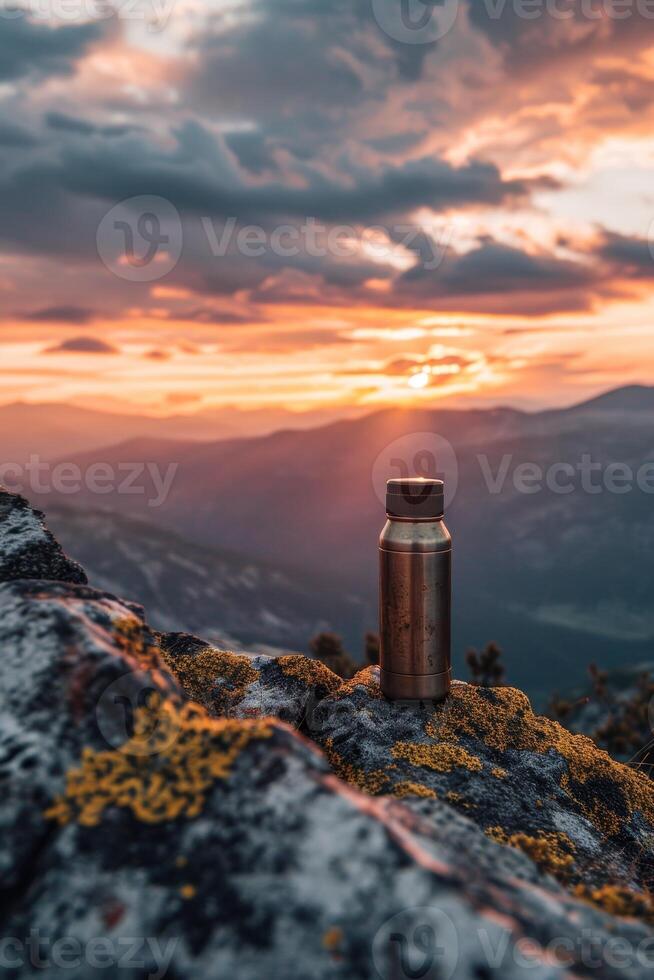 AI generated An outdoor thermos flask stands on a rock at sunset photo