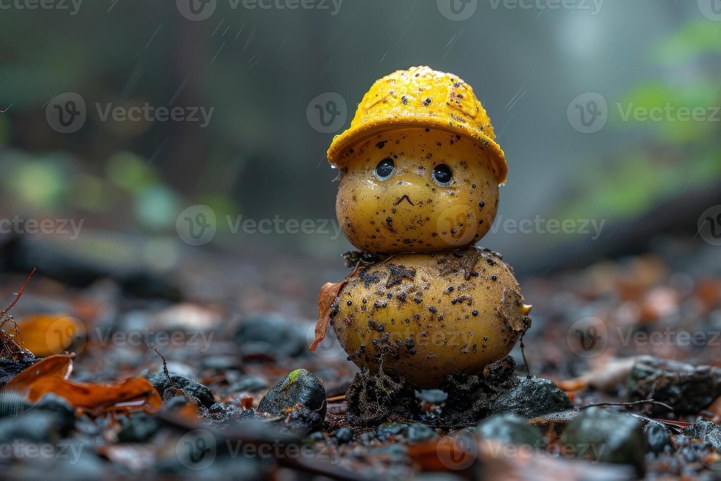 AI generated Potatoes in a yellow hat with a sad smiley face photo