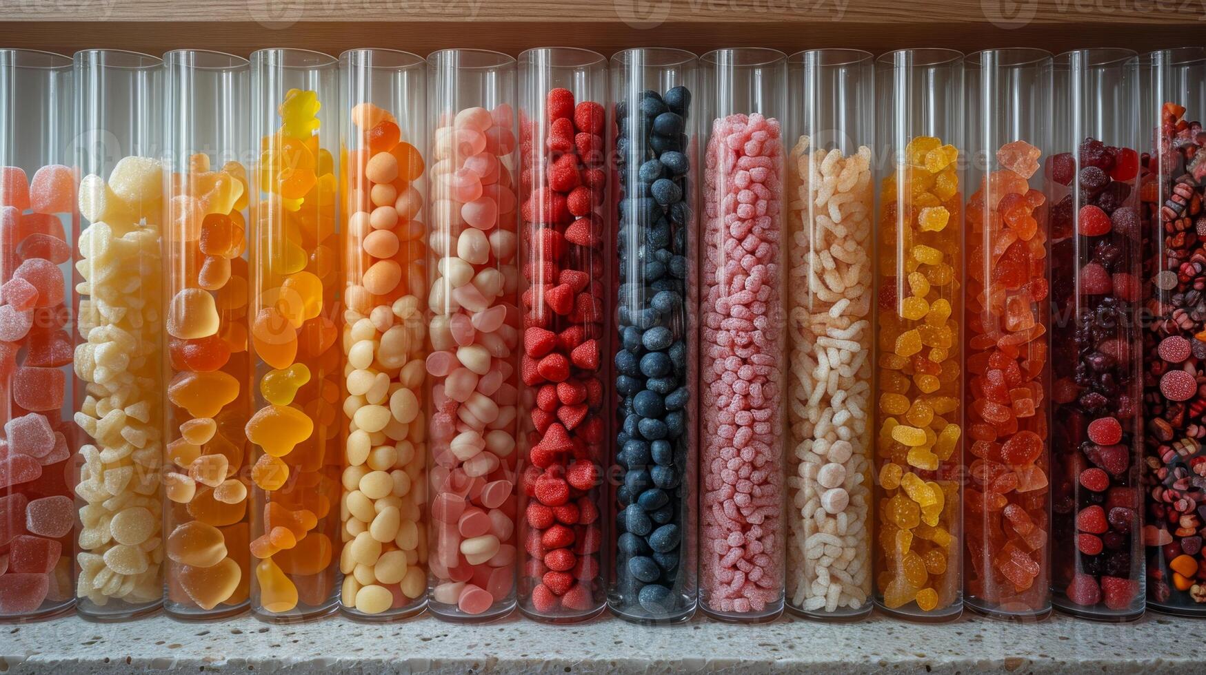 AI generated Glass flasks with colorful delicious candies on the shelf photo