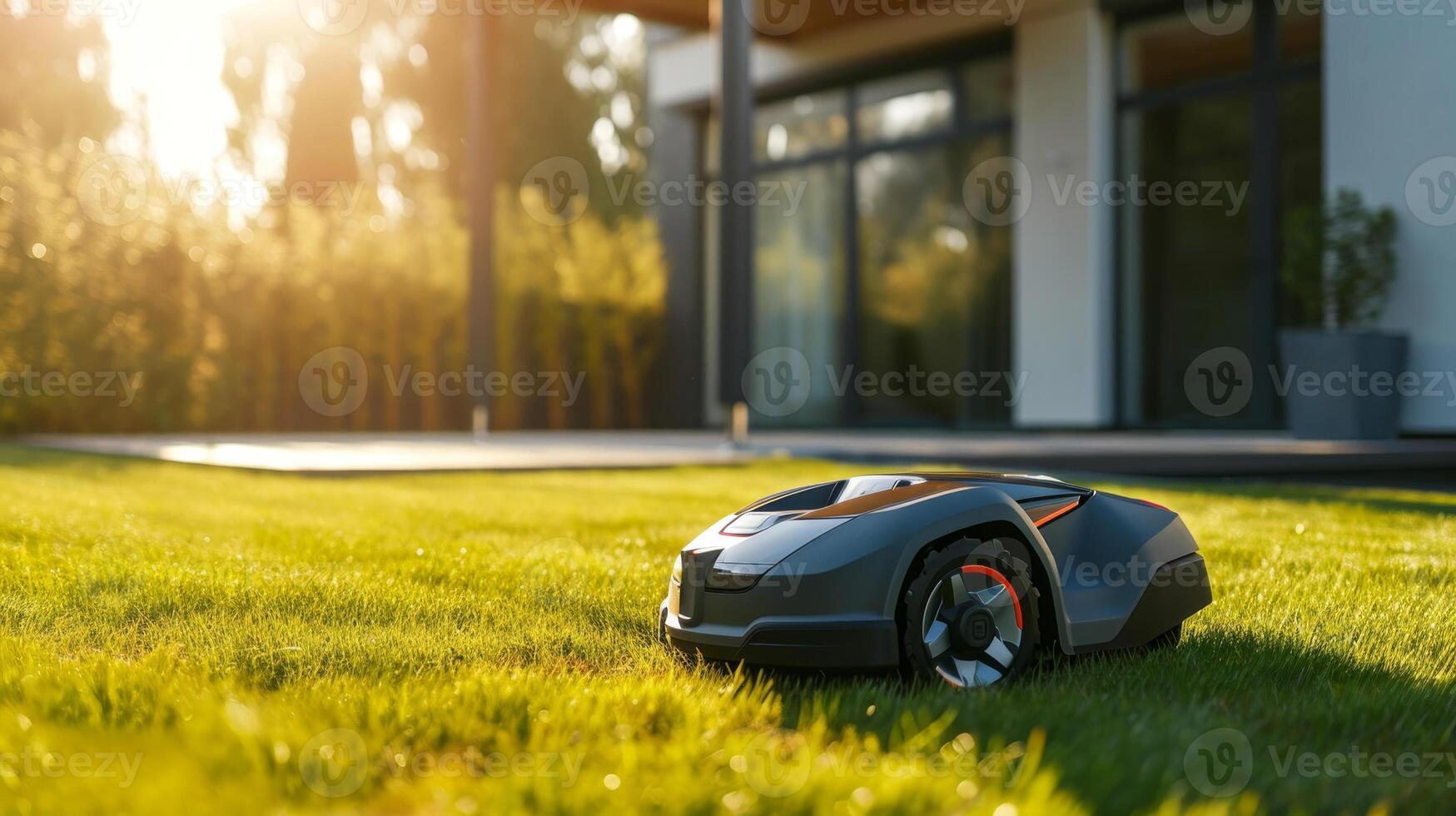 AI generated A robotic lawn mower stands on the lawn near the house at sunset photo
