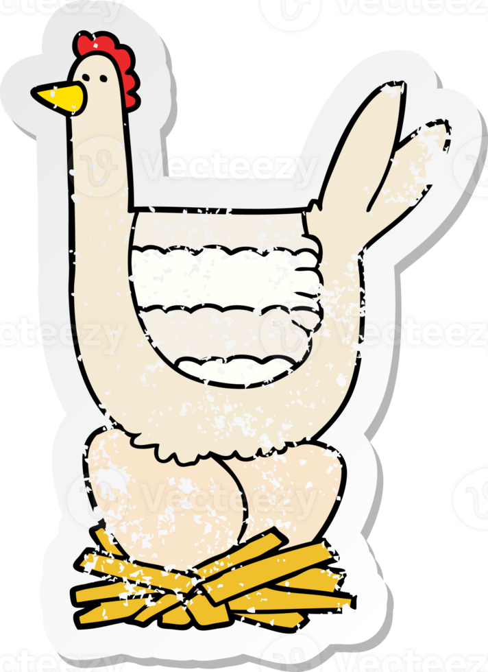 distressed sticker of a cartoon chicken sitting on eggs in nest png