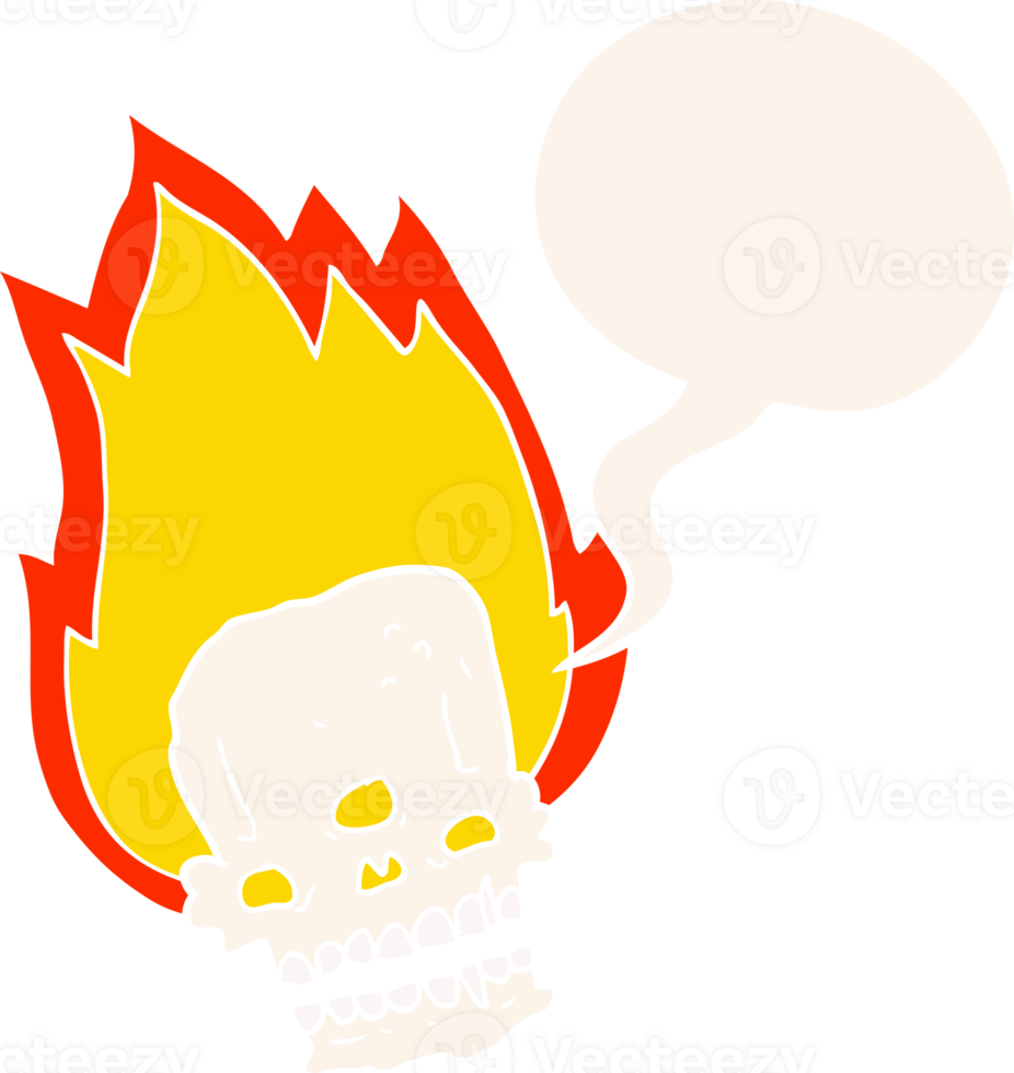 spooky cartoon flaming skull and speech bubble in retro style png