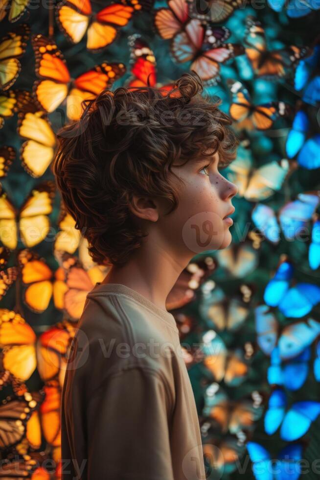 AI generated A boy on a background of colorful butterflies. textured background. 3d illustration photo