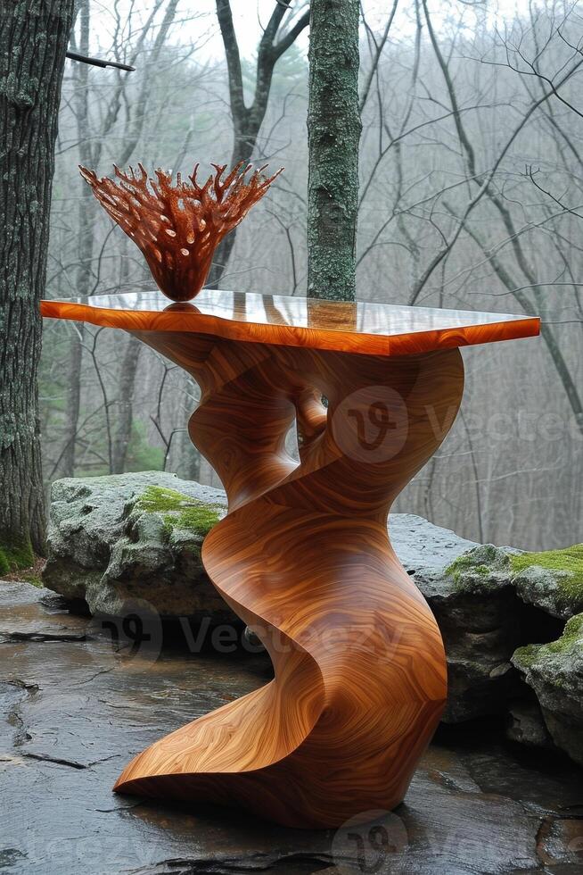 AI generated Handmade wooden designer table in the interior photo