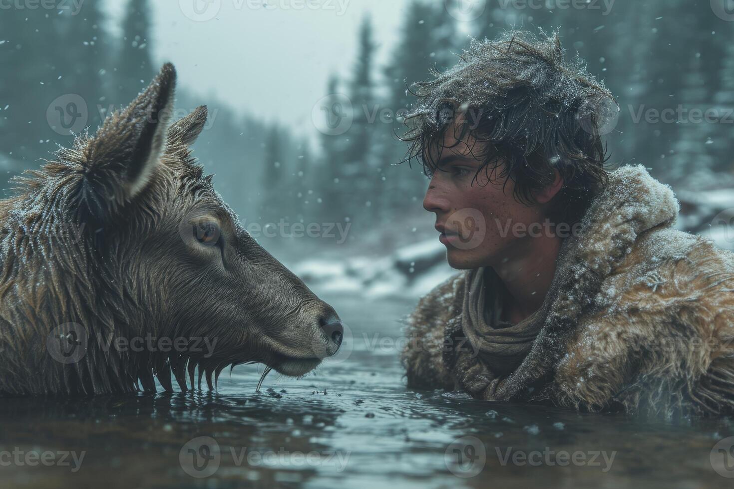 AI generated a man in front of a deer in winter sitting in the water in nature photo