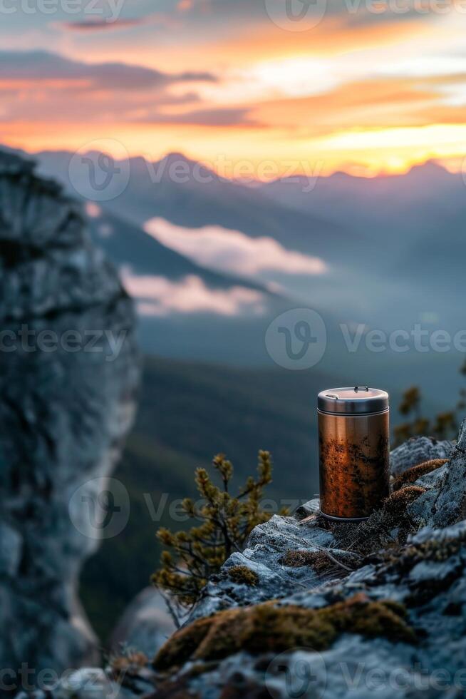 AI generated An outdoor thermos flask stands on a rock at sunset photo