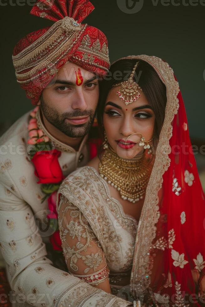 AI generated Indian bride and groom at a festive ceremony. Indian Wedding photo