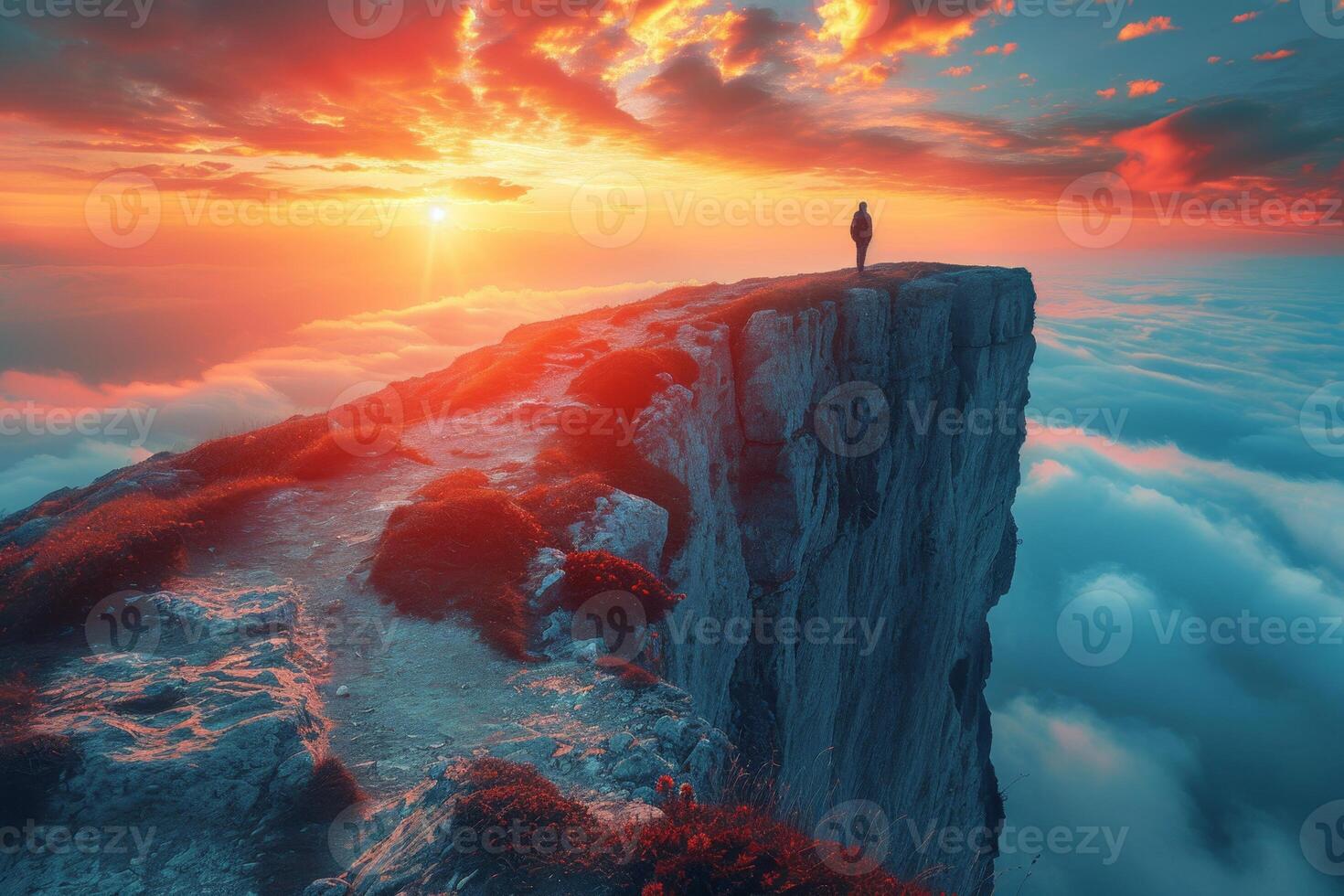 AI generated A man standing on top of a mountain. A conceptual photo composition of goals and achievements