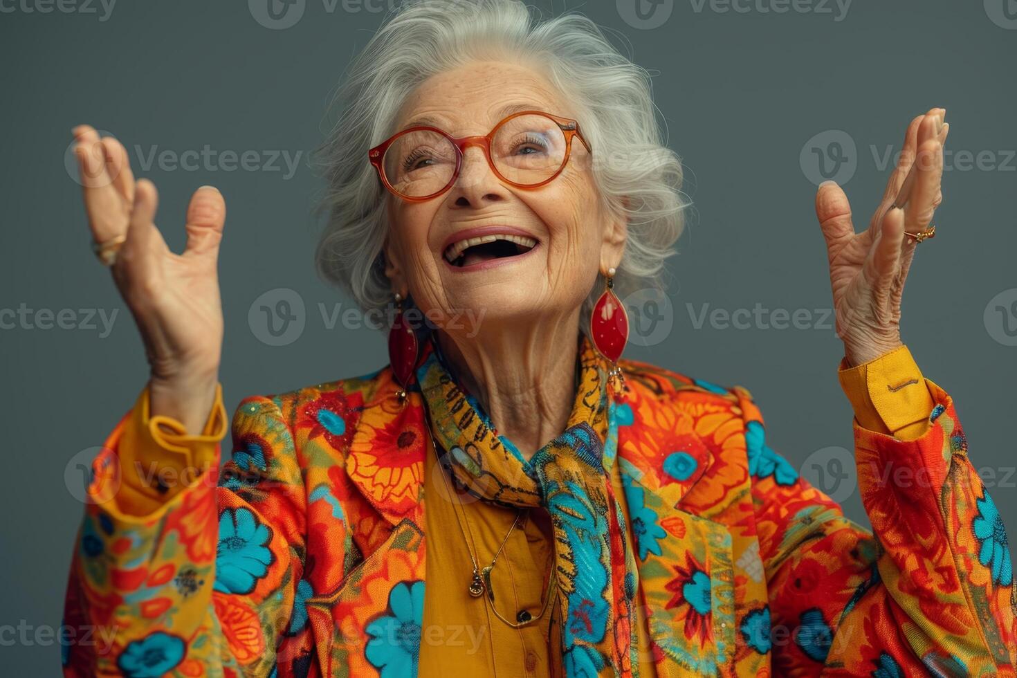 AI generated A happy and playful elderly woman in colored clothes photo
