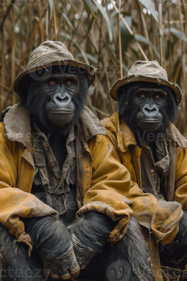 AI generated Gorillas in clothes are sitting on a couch outside photo