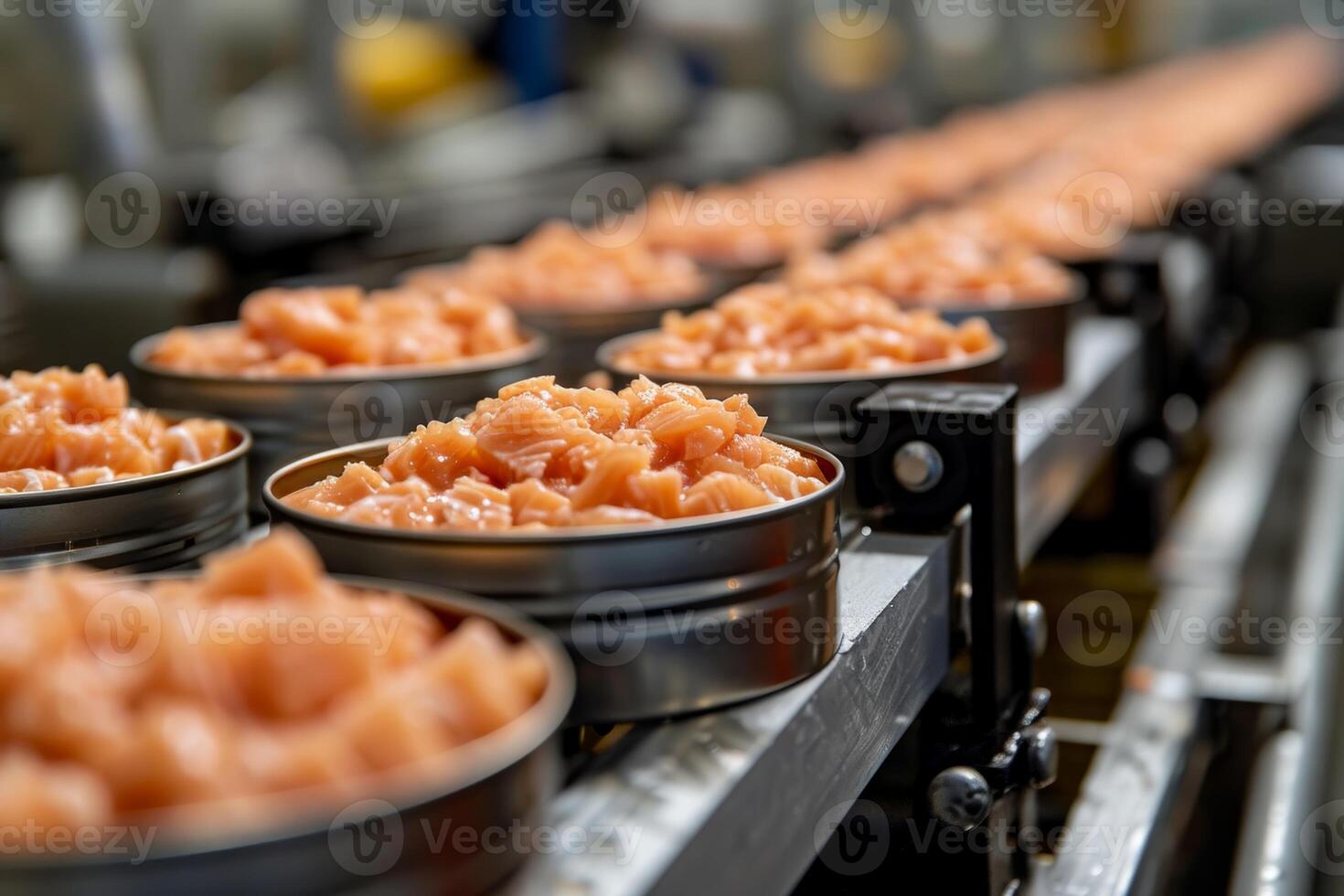 AI generated Production of canned fish. Tin cans of fish on the conveyor photo