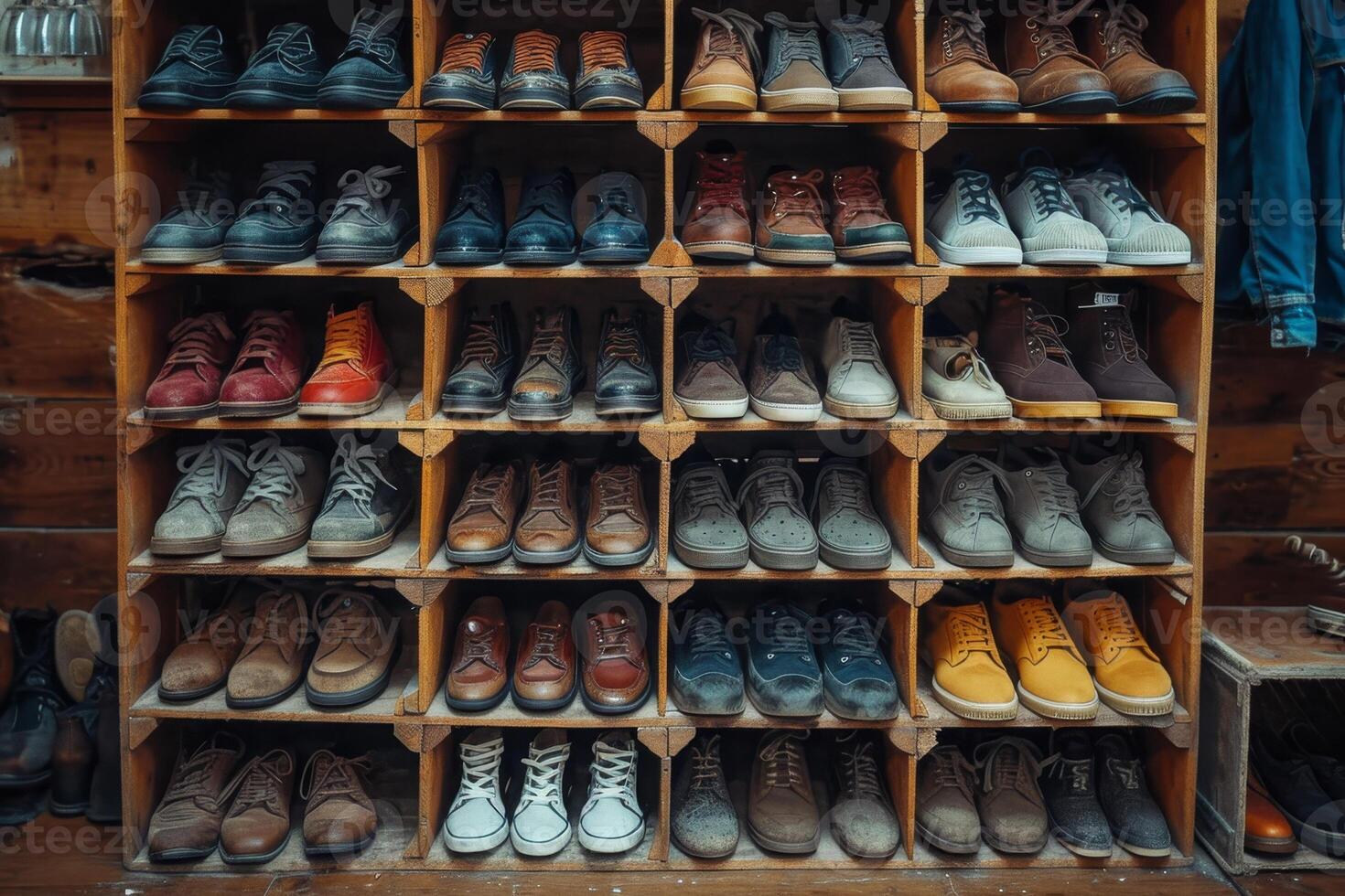 AI generated A wall with shoes inside the store. There are many different shoes on the shelves photo