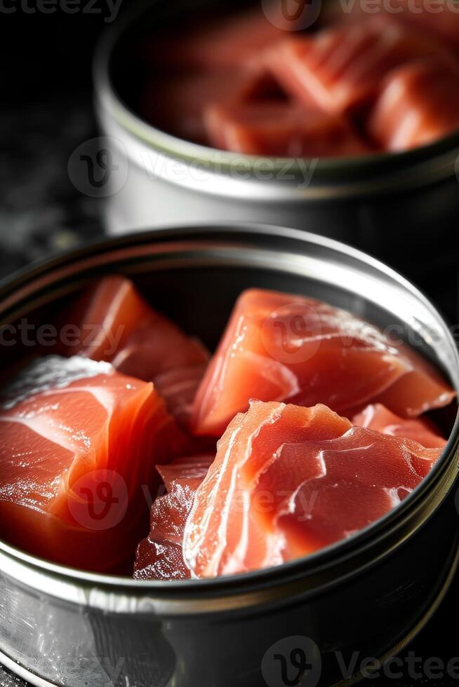 AI generated Production of canned fish. Tin cans of fish on the conveyor photo