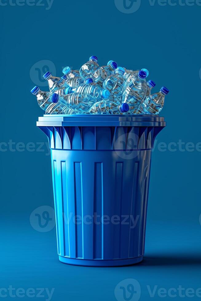 AI generated Lots of plastic bottles in a bucket on a blue background photo