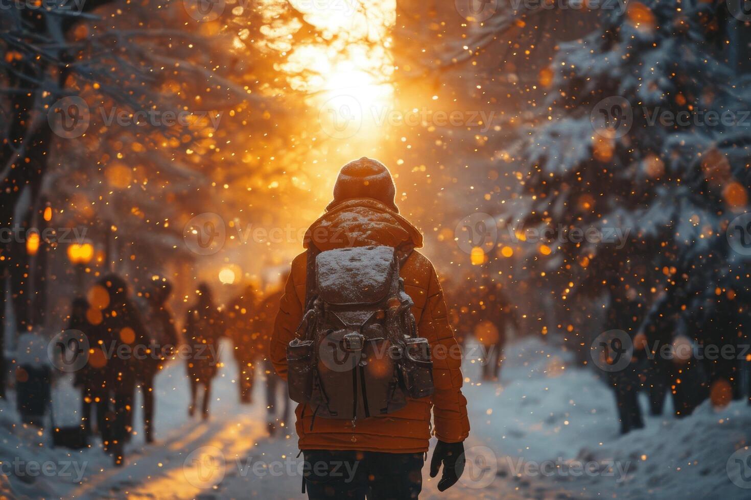 AI generated A tourist walking with a backpack through a snowy winter forest at sunset photo