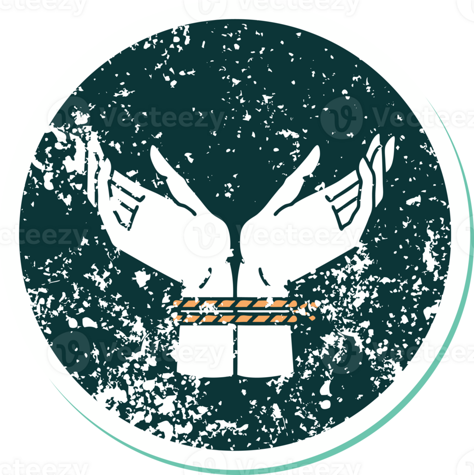 distressed sticker tattoo style icon of a pair of tied hands png