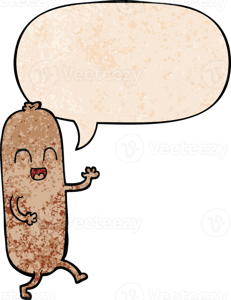 cartoon dancing sausage and speech bubble in retro texture style png