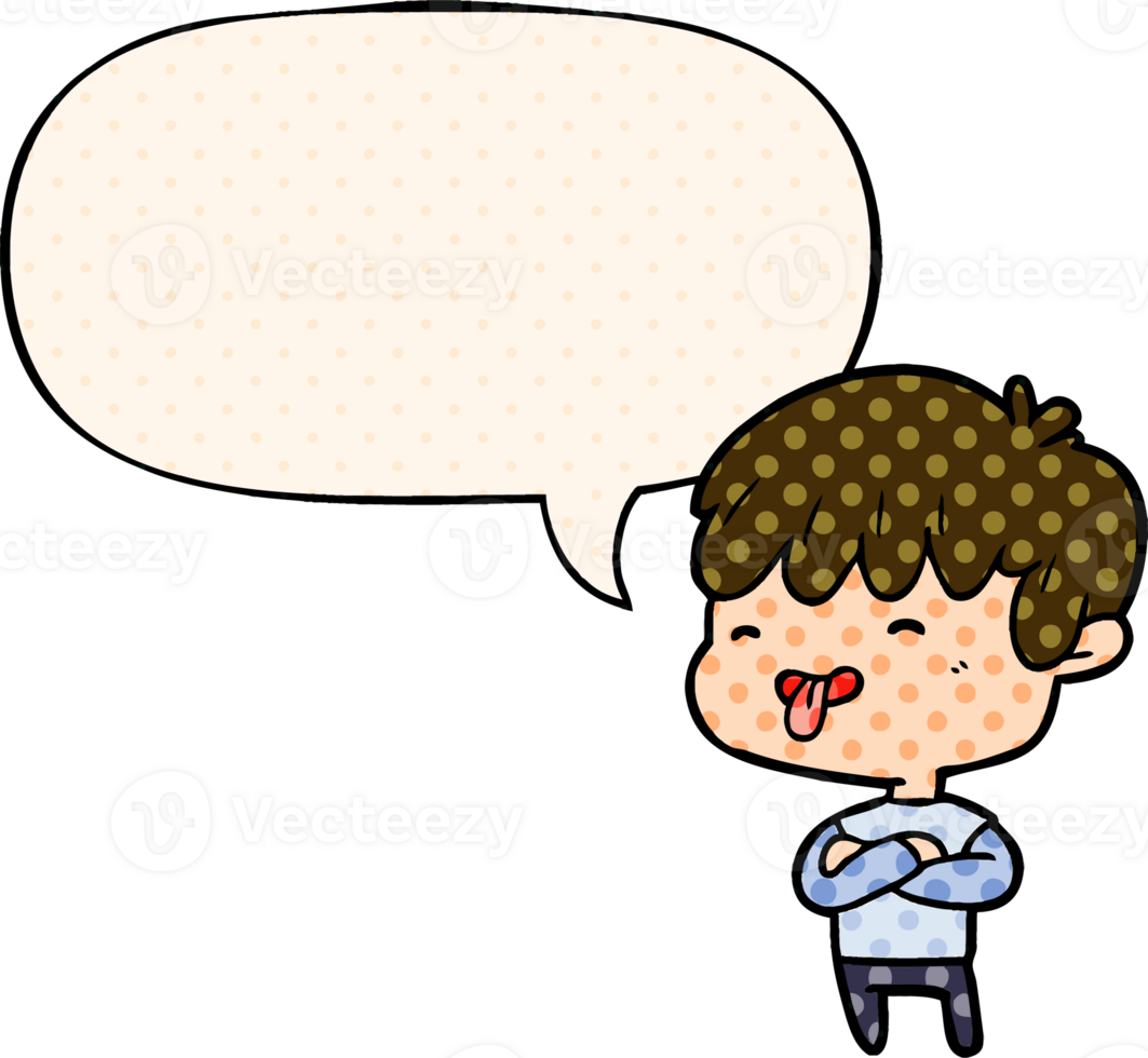 cartoon boy sticking out tongue and speech bubble in comic book style png